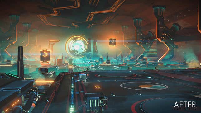 The inside of a space craft in No Man's Sky is shown with notably dimmer lights in the background, allowing for much more contrast and detail in the final product.