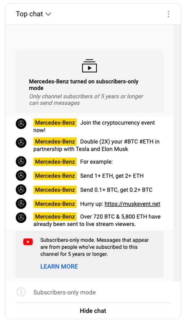 Image for article titled Bitcoin Fraudster Hosts Fake 'Mercedes-Benz & Tesla Collaboration' Livestream on YouTube Right Now