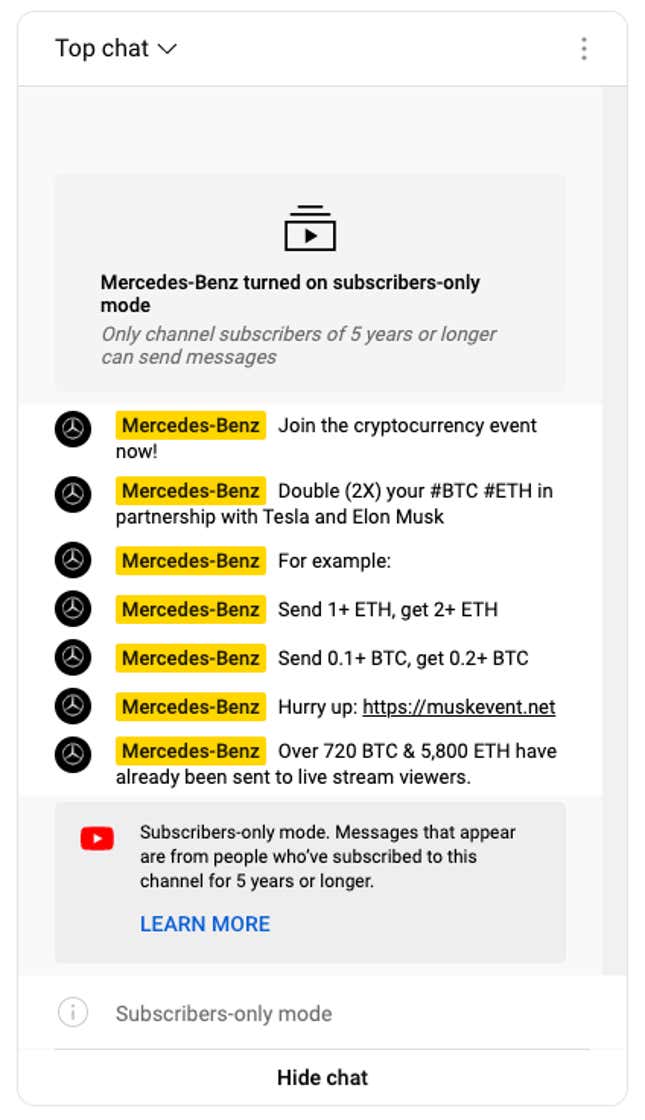 Imagen para el artículo titulado Un estafador de Bitcoin está alojando un falso 'Mercedes-Benz &  Colaboración de Tesla'  Transmisión en vivo en YouTube ahora mismo