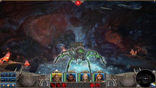 A green-ish glowing spider faces a party of adventurers in Might & Magic Legacy: X