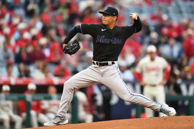 May 26, 2023; Anaheim, California, USA; Miami Marlins starting pitcher Jesus Luzardo (44) throws a pitch against the Los Angeles Angels during the first inning at Angel Stadium.