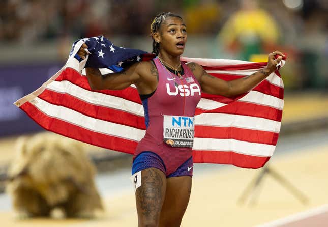 Sha’Carri Richardson of the United States celebrates winning the women’s 100m final during day three of the World Athletics Championships Budapest 2023 at National Athletics Centre on August 21, 2023 in Budapest, Hungary. 
