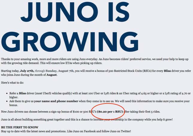 A screenshot of Juno promotional material posted on a ride-hailing forum in July 2016.