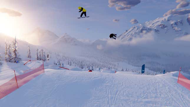 A Shredders image of two snowboarders catching some big air after hitting a massive snow jump.