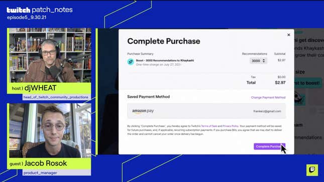 A screenshot of a recent Twitch stream, showing someone purchase a stream boost while Twitch employees djWHEAT and Jacob Rosok talk over the footage.