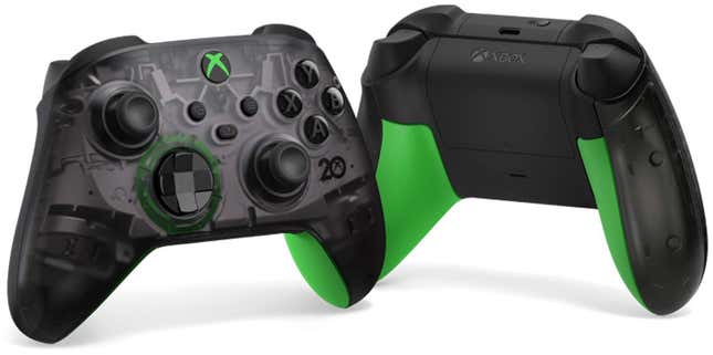 A picture of Microsoft's 20th Anniversary Xbox Wireless Controller, which has translucent black plastic in front and neon green hand grips. 