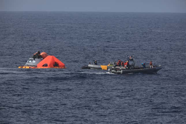 The crew will practice how to exit the Orion capsule after splashdown. 