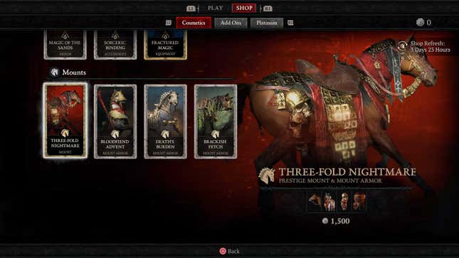 A screenshot shows Three-Fold Nightmare horse armor in the Diablo IV store. 