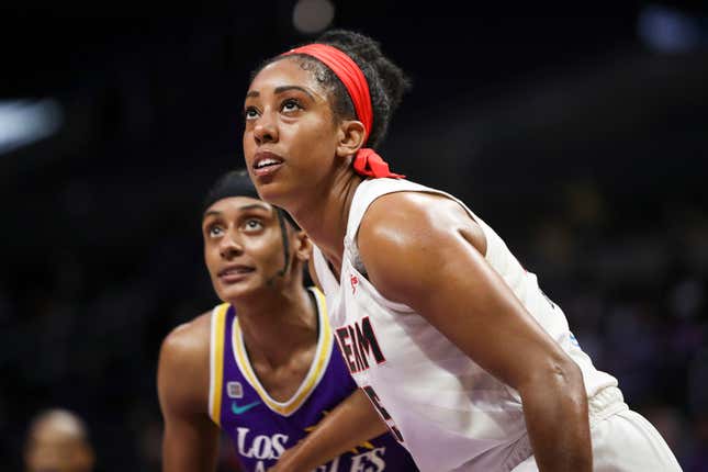 Monique Billings of the Atlanta Dream looks on during the second half against the Los Angeles Sparks at Staples Center on August 19, 2021.
