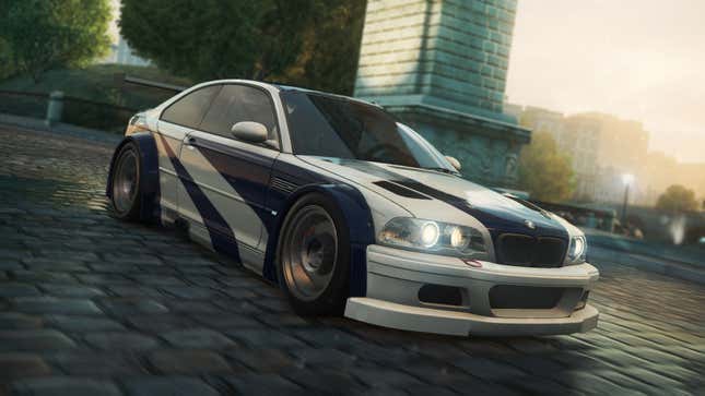 A screenshot of an E46 BMW M3 GTR in the familiar silver-and-blue livery from Need For Speed Most Wanted (2012).