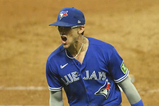 Aug 7, 2023; Cleveland, Ohio, USA; Toronto Blue Jays second baseman Cavan Biggio (8) reacts after completing an unassisted double play in the eighth inning against the Cleveland Guardians at Progressive Field.