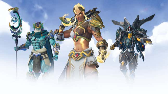 Ramattra, Junker Queen, and Pharah in Overwatch 2's Greek-themed skins.