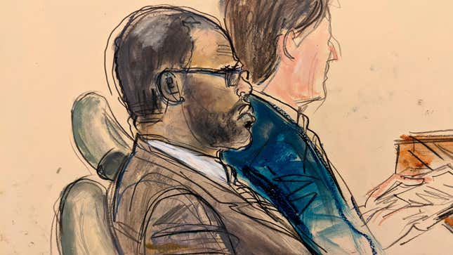In this courtroom artist’s sketch made from a video screen monitor of a Brooklyn courtroom, defendant R. Kelly, left, listens during the opening day of his trial, Wednesday, Aug. 18, 2021 in New York. 