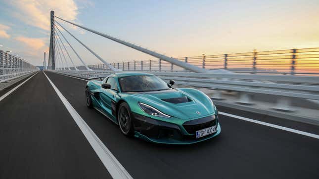 A photo of a green Rimac Nevera electric supercar.