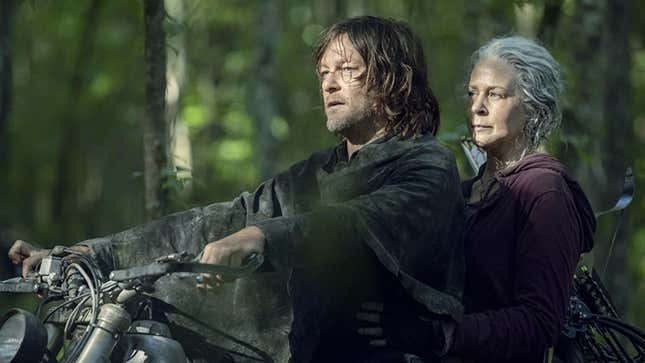 Daryl and Carol ride on a motorcycle together in The Walking Dead.