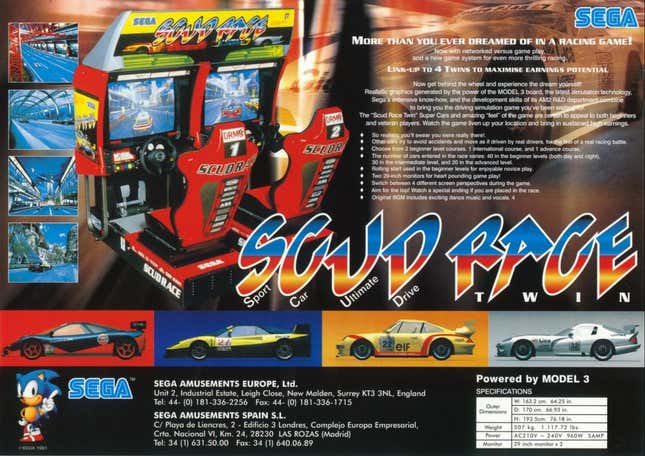 As this flyer explains, the “SCUD” in Scud Race was actually an acronym that stood for “Sport Car Ultimate Drive.” Ironically, Sega is said to have changed the name for the game’s North American release due to the association with another military product: Scud missiles.