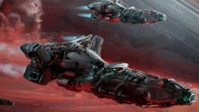Spaceships fly through red clouds in Starfield concept art. 