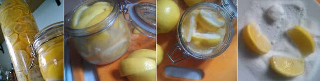 From the right: Segmented meyer lemons in canning salt; segments packed into a jar; then covered in lemon juice; and finally, finished preserved lemons. 