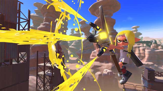 Splatoon 3 with a character firing yellow ink from a bow.