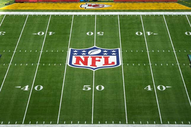 February 12, 2023;  Glendale, Arizona, USA;  The NFL shield and Kansas City Chiefs logo on the field during Super Bowl 57 at State Farm Stadium.