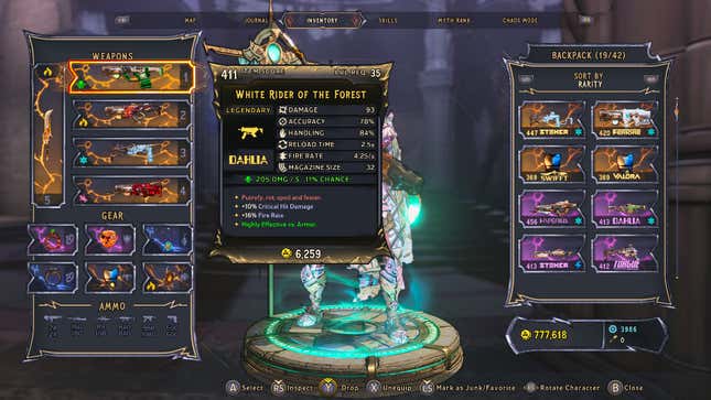 A player's inventory in Tiny Tina's Wonderlands shows a bunch of gold legendary loot earned from Chaos Chamber mode.