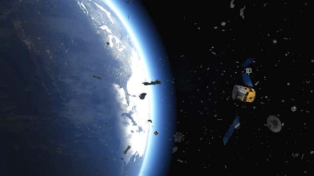 Interpretación artística de basura espacial en la órbita de la Tierra.