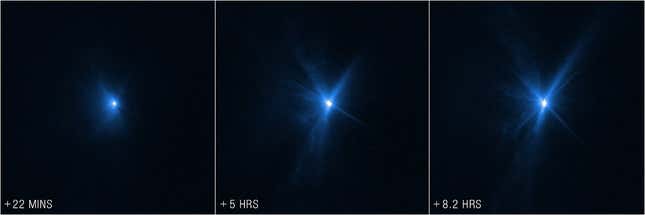 Hubble images taken at 22 minutes, five hours, and 8.2 hours after the impact.