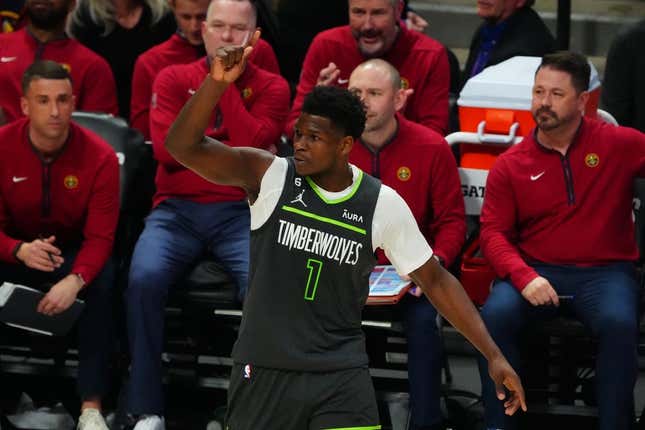 Apr 25, 2023; Denver, Colorado, USA; Minnesota Timberwolves guard Anthony Edwards (1) reacts in the second half against the Denver Nuggets in game five of the 2023 NBA Playoffs at Ball Arena.