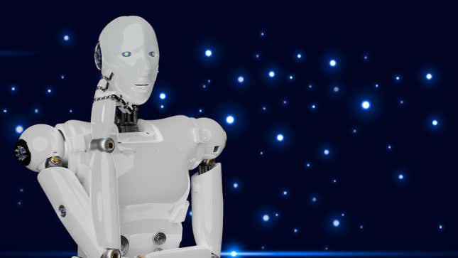 A robot touching its cheek as if thinking amid a starry background.