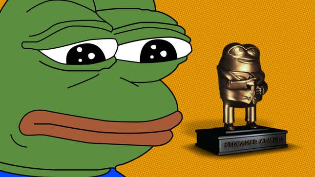 An image of Pepe the Frog sullenly staring at The Streamer Awards trophy, which is a gold-covered 3D printed model of Pepe the Frog in a suit and tie.