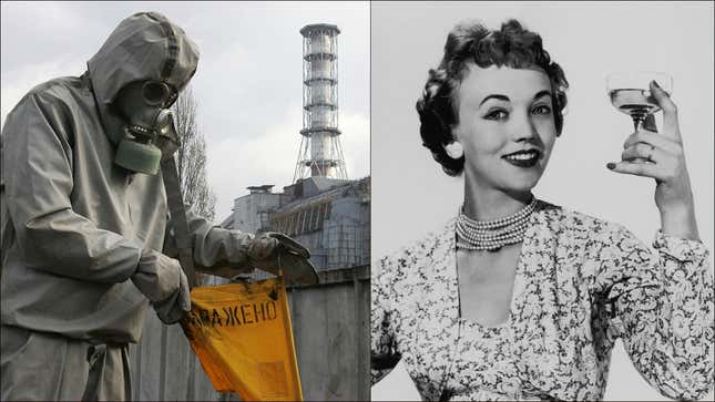 Split screen: aperson wearing a gas mask and hazmat suit gathers radioactive waste from Chernobyl; a vintage photo of a happy woman drinking wine
