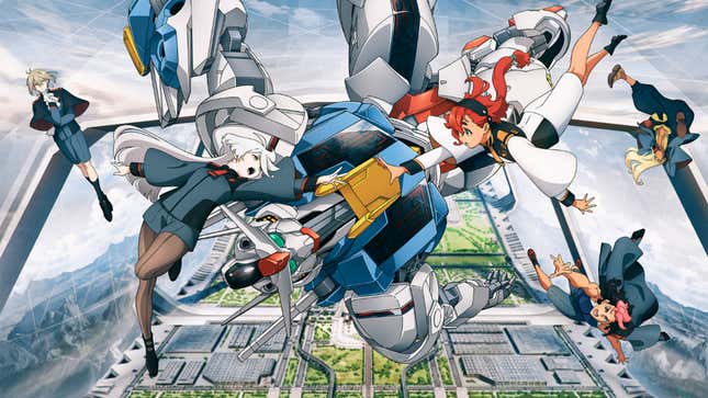Suletta, Miorine, and others falling through the sky with a Gundam behind them.