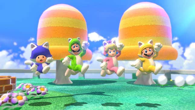 Toad, Luigi, Peach, and Mario are seen jumping in the air while wearing cat costumes.