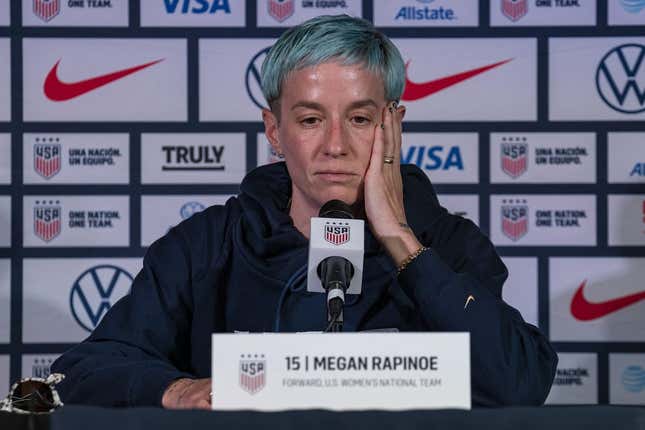 Jul 30, 2023; Auckland, NZL; United States forward Megan Rapinoe (15) answers questions from journalists during a U.S. soccer press conference amid the 2023 FIFA Women's World Cup.