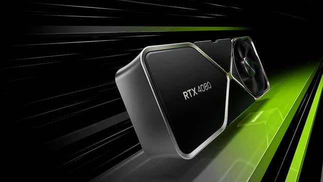 An RTX 4080 GPU flies through a green and black void. 