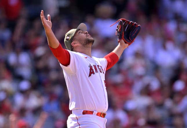 May 21, 2023; Anaheim, California, USA;  Los Angeles Angels relief pitcher Carlos Estevez (53) reacts after earning a save in the ninth against the Minnesota Twins at Angel Stadium.
