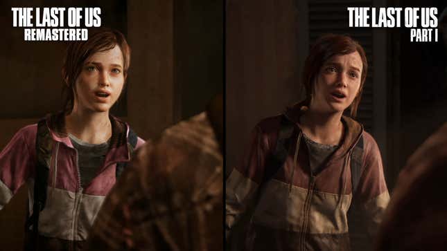 Ellie in TLOU on PS4 stands next to Ellie in TLOU on PS5 in a Digital Foundry comparison video.