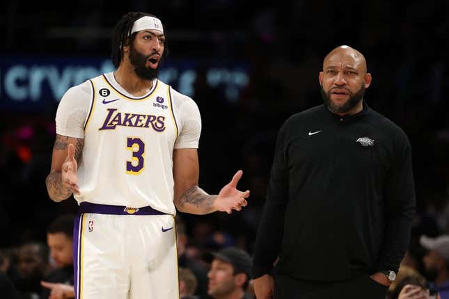 Mar 5, 2023; Los Angeles, California, USA; Los Angeles Lakers head coach Darvin Ham and forward Anthony Davis (3) talk during the game against the Golden State Warriors at Crypto.com Arena.