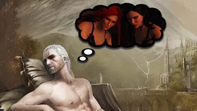Geralt lounges shirtless on an easy chair and fantasizes about Yennefer and Triss. 