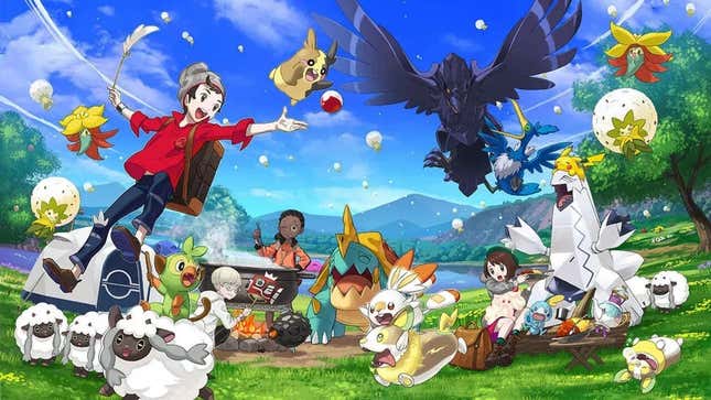 Key art shows the characters from Pokémon Scarlet and Violet having a picnic. 
