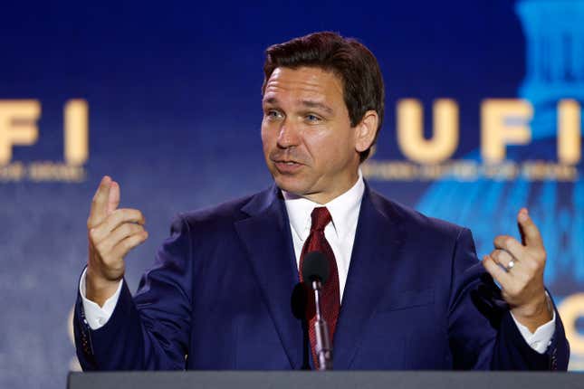ARLINGTON, VIRGINIA - JULY 17: Republican presidential candidate Florida Governor Ron DeSantis delivers remarks at the 2023 Christians United for Israel summit on July 17, 2023