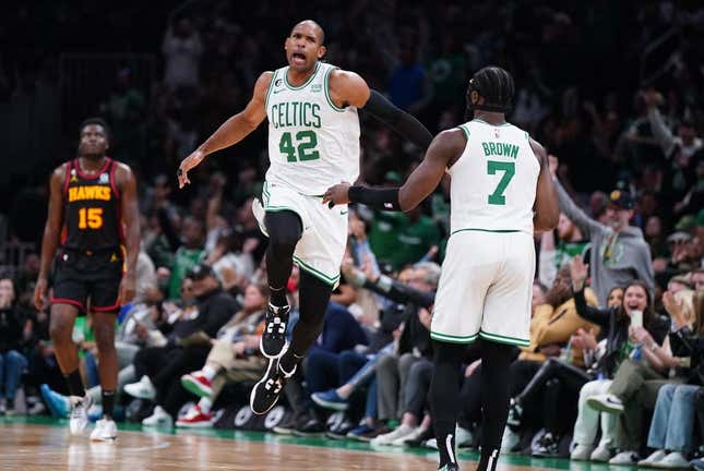 Apr 18, 2023; Boston, Massachusetts, USA; Boston Celtics center Al Horford (42) reacts after his three point basket against the bAtlanta Hawks in the third quarter during game two of the 2023 NBA playoffs at TD Garden.