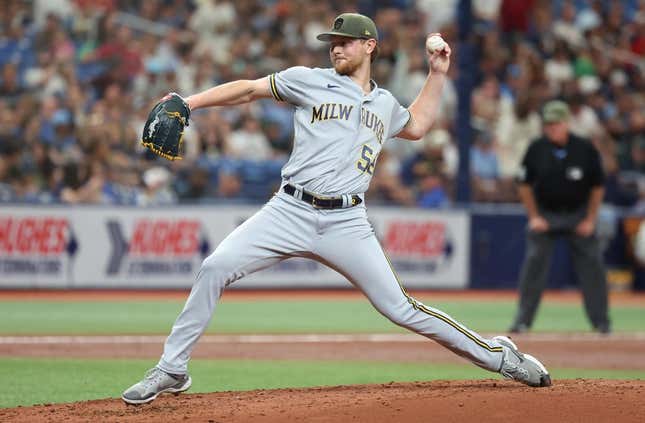 May 20, 2023; St. Petersburg, Florida, USA; Milwaukee Brewers starting pitcher Eric Lauer (52) throws a pitch second inning against the Tampa Bay Rays at Tropicana Field.