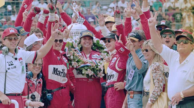 Emerson Fittipaldi after winning the 1993 Indy 500. He would later fail to qualify for the race.
