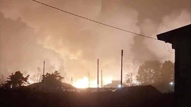 Screenshot from a Facebook video taken by a civilian in the city of Gangneung, South Korea showing a fire after a failed missile test by the South Korean military.