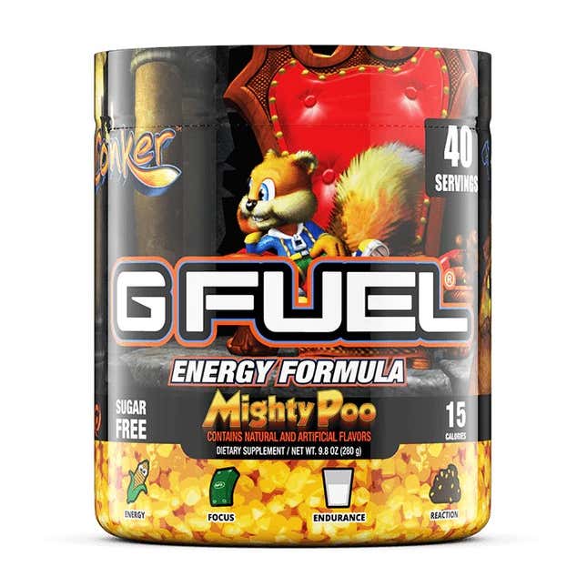 A render of the G Fuel Mighty Poo formula shows Conker sitting on a throne.