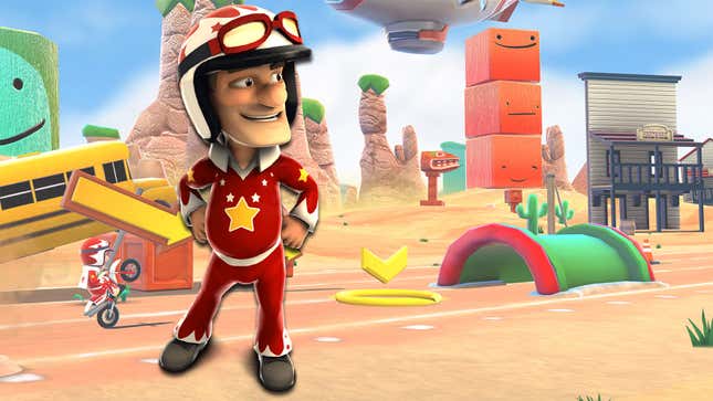 A screenshot of Joe Danger Touch for iOS with a render of the titular hero overlaid. 