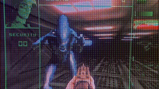 A dark blue xenomorph alien stands in front of a shotgun wielding marine. 