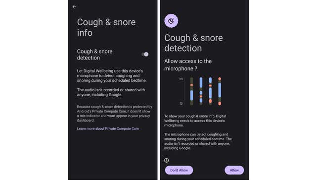 Screenshots of cough and snore feature