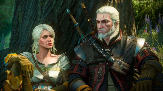 Geralt est assis avec Ciri devant un arbre dans The Witcher 3.